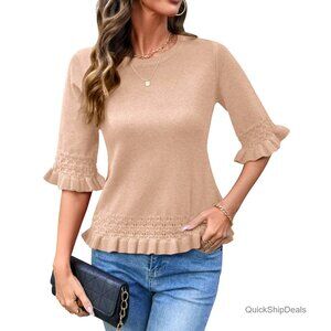 Lightweight 3/4 Sleeve Peplum Sweater, Cropped Crewneck Pullover, Casual Knit